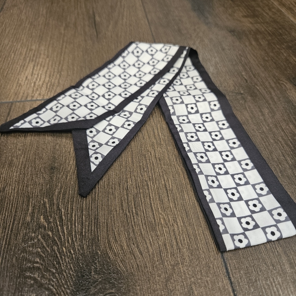 NEW Silky Floral Check Black & White Neck & Bag Scarf